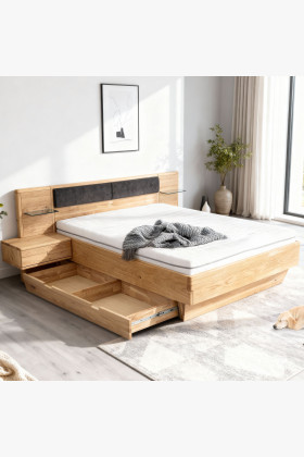 Eichenbett Tole mit Nachttischen und Stauraum, natur